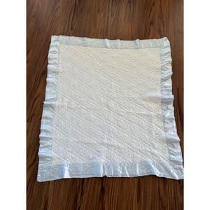 Vintage Dacron Quilted Baby Blanket Blue White Ruffle Trim Reversible 36x42